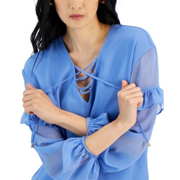 I.N.C. International Concepts Blue Lace-Up Ruffle-Sleeve Blouse NWT - Picture 3 of 8